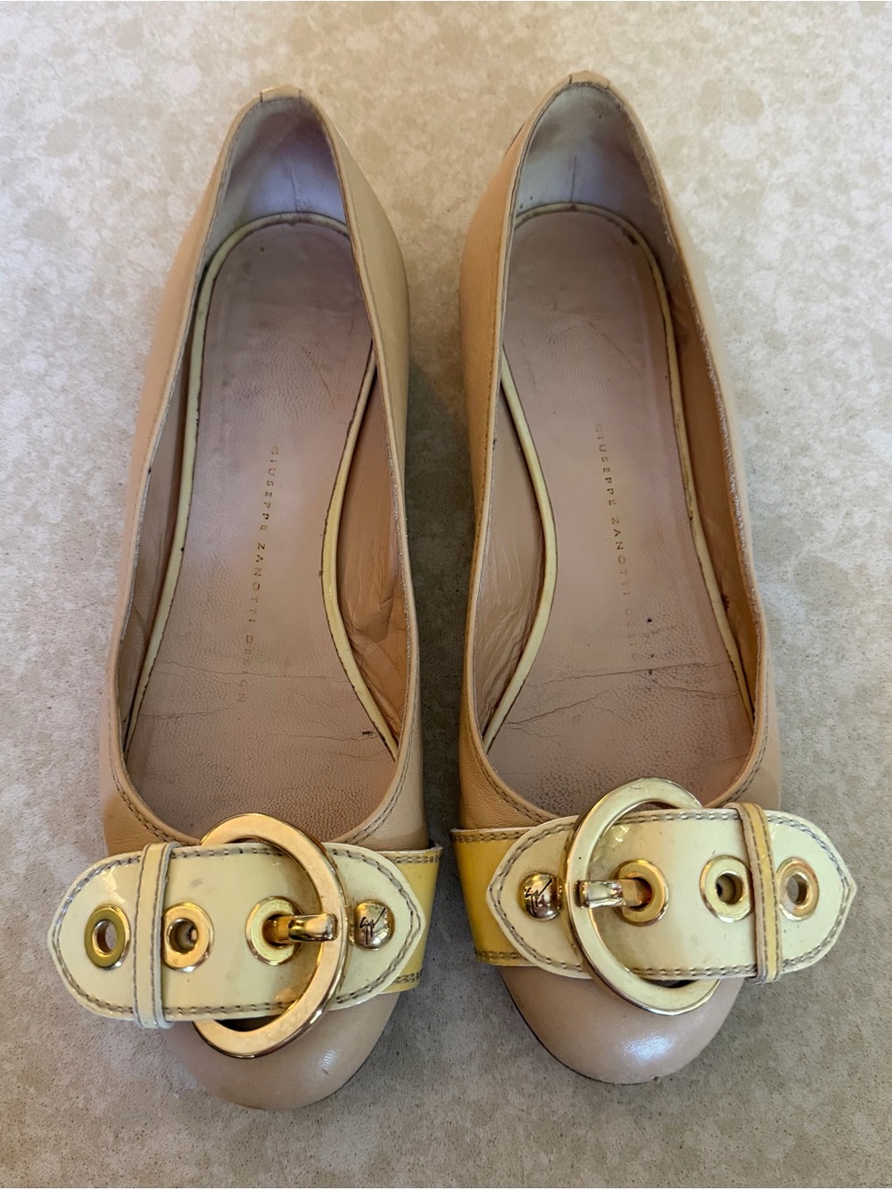 Giuseppe Zanotti Gold Buckle Ballet Flats tan leather cream patent leather 6 36